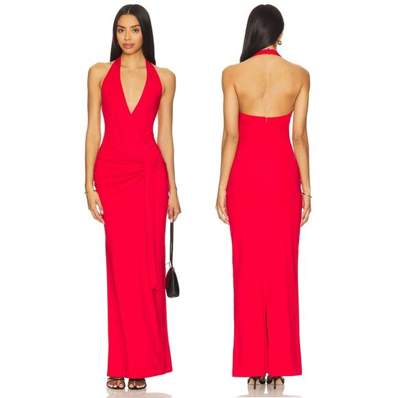 Superdown Chloe Halter Neck Maxi Dress Ruched Party Cocktail Formal Gala Red S - Picture 1 of 9